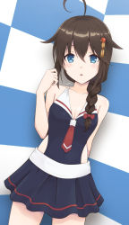 Rule 34 | 1girl, adapted costume, ahoge, arm behind back, black hair, black one-piece swimsuit, black skirt, blue eyes, braid, casual one-piece swimsuit, checkered background, collarbone, cowboy shot, hair flaps, hair ornament, hair over shoulder, highres, kantai collection, kodama (user rnfr3534), neckerchief, one-piece swimsuit, pleated skirt, red neckerchief, shigure (kancolle), shigure kai ni (kancolle), single braid, skirt, solo, swimsuit