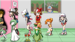 Rule 34 | 2boys, 6+girls, arm behind back, ash ketchum, bandana, bathroom, beanie, bellossom, between legs, bike shorts, black eyes, black footwear, black hair, black jacket, black legwear, black shirt, black vest, blue eyes, blue hair, blue legwear, blue shirt, blue shorts, blush, boots, breasts, brock (pokemon), brown hair, brown pants, camera, clenched hand, closed eyes, collarbone, creatures (company), crop top, crossed arms, dawn (pokemon), denim, denim shorts, door, embarrassed, fang, flower, flying sweatdrops, from side, full body, game freak, gardevoir, gen 2 pokemon, gen 3 pokemon, gen 5 pokemon, green (pokemon), green eyes, green hair, green shirt, grey eyes, hair ornament, hair tie, hairclip, hand between legs, hand up, hat, have to pee, hilda (pokemon), holding, indoors, jacket, japanese text, kirlia, knocking, leaning forward, leg up, legs together, lilligant, long hair, matching hair/eyes, may (pokemon), medium breasts, midriff, misty (pokemon), multiple boys, multiple girls, natsukage yuu, nintendo, nose blush, one eye closed, open mouth, own hands together, pants, pink footwear, pink scarf, pink skirt, pleated skirt, poke ball theme, pokemon, pokemon (anime), pokemon (classic anime), pokemon (creature), pokemon bw, pokemon dppt, pokemon frlg, pokemon rse, ponytail, profile, red eyes, red flower, red footwear, red headwear, red shirt, red skirt, scarf, shirt, shoes, short hair, short shorts, short sleeves, shorts, side ponytail, sitting, skirt, sleeveless, sleeveless shirt, small breasts, smile, socks, spiked hair, squatting, standing, standing on one leg, suspenders, talking, tears, toilet, toilet stall, translation request, tree, trembling, v arms, vest, white footwear, white headwear, window, wristband, yellow shirt