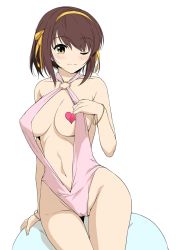Rule 34 | 1girl, bangle, bare shoulders, blush, bracelet, breasts, brown hair, cameltoe, cleavage, clothes pull, covered erect nipples, hair ribbon, hairband, haruhisky, heart, heart pasties, highres, holding, jewelry, looking at viewer, lying, navel, nose blush, o-ring, o-ring swimsuit, one-piece swimsuit, one-piece swimsuit pull, one eye closed, pasties, pink one-piece swimsuit, ribbon, sitting, slingshot swimsuit, smile, solo, suzumiya haruhi, suzumiya haruhi no yuuutsu, swimsuit, thighs, yellow eyes