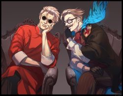 Rule 34 | 2boys, animal print, black gloves, blue eyes, butterfly print, chair, chinese clothes, crossed legs, elbow rest, facial hair, fate/grand order, fate (series), formal, glasses, gloves, james moriarty (archer) (fate), li shuwen (fate), li shuwen (fate/grand order), li shuwen (old) (fate), long sleeves, looking at viewer, male focus, multiple boys, mustache, old, old man, pants, parted bangs, renga2250, sitting, smile, spiked hair, striped clothes, striped pants, sunglasses, vest, whispering