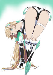 Rule 34 | 1girl, angela balzac, aqua eyes, ass, bare shoulders, bent over, blonde hair, bodysuit, breasts, elbow gloves, female focus, from behind, gloves, green eyes, hanging breasts, headgear, leaning, leaning forward, leotard, long hair, looking at viewer, low twintails, rakuen tsuihou, shiny skin, smile, solo, thigh strap, twintails, very long hair, yuu (1007yu)