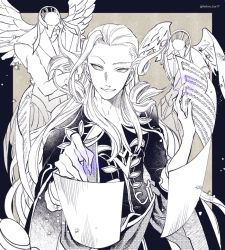 Rule 34 | 1boy, angel, angel wings, cape, claws, fate/grand order, fate (series), formal, green eyes, headless, hinoe (right-hnxx03), long hair, musical note, paper stack, partially colored, sheet music, solo focus, spot color, suit, wings, wolfgang amadeus mozart (fate)