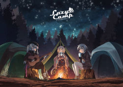Rule 34 | 3girls, beret, black footwear, black gloves, black headwear, black legwear, blonde hair, blush, bow, campfire, camping, closed eyes, commentary, crossed legs, cup, drinking, english commentary, english text, floral print, girls&#039; frontline, gloves, grey hair, guitar, hair between eyes, hair bow, hair ribbon, hakama, hakama skirt, hat, instrument, jacket, japanese clothes, load bearing vest, long hair, m200 (girls&#039; frontline), mdr (girls&#039; frontline), meiji schoolgirl uniform, multicolored hair, multiple girls, music, necktie, night, night sky, obi, one side up, ots-14 (girls&#039; frontline), pantyhose, persocon93, pink hair, playing instrument, pleated skirt, ponytail, purple eyes, ribbon, sash, shirt, sidelocks, sitting, skirt, sky, star (sky), starry sky, streaked hair, swept bangs, tactical clothes, tent, tree, tree stump, very long hair, wide sleeves