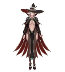 Rule 34 | 1girl, blue eyes, breasts, bridal gauntlets, cape, full body, grey hair, hat, highres, hip vent, karmiel, large breasts, long hair, looking at viewer, navel, original, parted lips, red cape, simple background, solo, standing, underboob, white background, witch hat