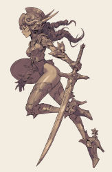 Rule 34 | 1girl, armor, boots, breastplate, full body, gauntlets, greaves, helmet, high heel boots, high heels, holding, holding sword, holding weapon, kilart, leotard, long hair, monochrome, original, profile, running, sepia, shield, simple background, solo, spurs, sword, thigh boots, thighhighs, weapon