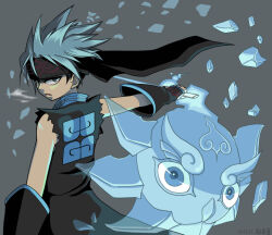 Rule 34 | 1boy, black gloves, black headband, blue eyes, blue hair, breath, elbow gloves, fingerless gloves, gloves, grey background, headband, holding, holding sword, holding weapon, huurai24, ice, ice shard, looking back, male focus, parted lips, shaman king, signature, spiked hair, sword, torn clothes, torn sleeves, usui horokeu, weapon