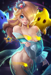 Rule 34 | 1girl, bare shoulders, blonde hair, blue eyes, blush, breasts, censored, censored nipples, convenient censoring, crown, gradient background, hair over one eye, highres, jewelry, long hair, luma (mario), mario (series), nintendo, no panties, rosalina, sakimichan, small breasts, solo, star (symbol), star censor, super mario galaxy, wand
