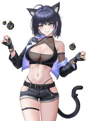 Rule 34 | 1girl, ahoge, animal ears, arm strap, bare shoulders, belt, black choker, black gloves, black hair, black jacket, black shirt, black shorts, breasts, cat ears, cat girl, cat tail, choker, cleavage, cleavage cutout, clothing cutout, collarbone, colored inner hair, cowboy shot, crop top, cropped jacket, denim, denim shorts, earrings, eruthu, extra ears, fingerless gloves, gloves, grey eyes, grin, hands up, highleg, highres, hip vent, jacket, jewelry, large breasts, long sleeves, looking at viewer, midriff, multicolored hair, navel, off shoulder, open clothes, open jacket, panty straps, see-through, see-through cleavage, shirt, short hair, short shorts, shorts, simple background, skindentation, sleeveless, sleeveless shirt, smile, solo, standing, stardays, stomach, tail, tail belt, thigh strap, thighs, van (stardays), virtual youtuber, white background