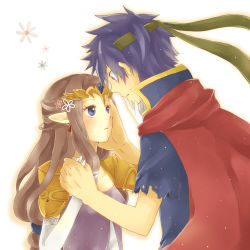 Rule 34 | 1boy, 1girl, blue eyes, blue hair, blush, brown hair, cape, couple, earrings, eye contact, fire emblem, fire emblem: path of radiance, gloves, holding hands, headband, hetero, highres, ike (fire emblem), jewelry, karury, long hair, looking at another, nintendo, pointy ears, princess zelda, super smash bros., the legend of zelda, the legend of zelda: twilight princess, torn clothes