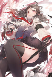 Rule 34 | 1girl, absurdres, animal ears, arknights, ass, black thighhighs, brown hair, curled horns, dress, eyjafjalla (arknights), from below, highres, horns, jam (nandade), long hair, long sleeves, looking at viewer, parted lips, red eyes, sheep ears, sheep horns, sitting, solo, sparkle, staff, thighhighs, thighs, very long hair, wind
