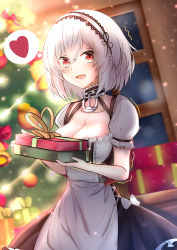 Rule 34 | 1girl, absurdres, azur lane, blush, breasts, choker, christmas, christmas tree, cleavage, collarbone, commentary request, dress, gift, hair between eyes, hairband, highres, lace-trimmed hairband, lace trim, large breasts, looking at viewer, puffy sleeves, red eyes, seabread, short hair, short sleeves, sidelocks, sirius (azur lane), solo, trembling, white dress, white hair