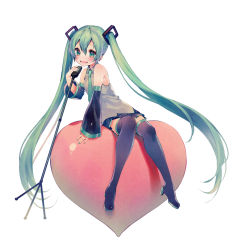 Rule 34 | 1girl, asagi yuna, bad id, bad pixiv id, blush, boots, detached sleeves, full body, green eyes, green hair, hair between eyes, hatsune miku, heart, high heels, long hair, microphone, microphone stand, nail polish, necktie, open mouth, simple background, sitting, skirt, solo, thigh boots, thighhighs, twintails, very long hair, vocaloid, white background