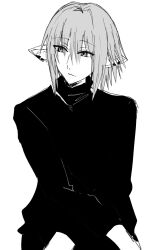 Rule 34 | 1boy, closed mouth, crossed arms, ear piercing, final fantasy, final fantasy xiv, greyscale, hair between eyes, haurchefant greystone, highres, kinona, long sleeves, looking to the side, male focus, monochrome, piercing, pointy ears, shirt, simple background, solo, white background