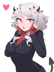 Rule 34 | 1girl, black horns, blush, bright pupils, demon horns, demon tail, eyelashes, grey hair, hands on own face, heart, heart-shaped pupils, helltaker, highres, horns, looking at viewer, modeus (helltaker), open mouth, red eyes, red sweater, ribbed sweater, siguya, simple background, sleeves past wrists, solo, sweater, symbol-shaped pupils, tail, teeth, tongue, turtleneck, turtleneck sweater, upper teeth only, white background, white pupils