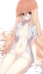 Rule 34 | 1girl, absurdres, black-framed eyewear, blonde hair, breasts, closed mouth, collarbone, collared shirt, commission, expressionless, girls&#039; frontline, glasses, groin, highres, long hair, looking at viewer, medium breasts, navel, no bra, no pants, open clothes, open shirt, panties, red eyes, round eyewear, second-party source, shirt, short sleeves, sidelocks, sitting, skindentation, solo, stomach, thighs, type 80 (girls&#039; frontline), underwear, very long hair, w.k, white panties, white shirt
