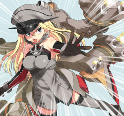 Rule 34 | 10s, 1girl, anchor, bare shoulders, bismarck (kancolle), blonde hair, blue eyes, cannon, grey thighhighs, hat, highres, kantai collection, long hair, military, military hat, military uniform, minatasiro, namita (minatasiro), open mouth, personification, solo, thighhighs, turret, uniform, weapon