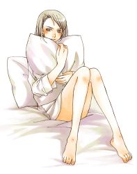 Rule 34 | 1girl, ace attorney, barefoot, blouse, bottomless, capcom, feet, franziska von karma, frown, full body, knees together feet apart, lowres, mole, mole under eye, hugging object, pillow, pillow hug, shirt, sitting, solo, swept bangs, white background, white shirt