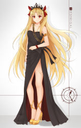 Rule 34 | 1girl, arm at side, armlet, bare arms, bare legs, bare shoulders, black dress, blonde hair, blush, character name, clock, closed mouth, collarbone, colored eyelashes, commentary request, dress, earrings, ereshkigal (fate), fate (series), full body, grey background, hair ribbon, high heels, highres, jewelry, long hair, looking at viewer, nail polish, no legwear, no socks, pelvic curtain, pink nails, red eyes, red ribbon, ribbon, rko (a470350510), scrunchie, shadow, smile, solo, standing, straight hair, strapless, strapless dress, tiara, very long hair, wrist scrunchie, yellow footwear