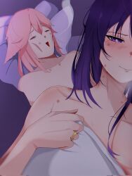 Rule 34 | 2girls, aftersex, animal ears, bite mark, bite mark on neck, bite mark on shoulder, blanket, blush, closed eyes, closed mouth, collarbone, commentary, fox ears, genshin impact, giving up the ghost, guy tired after sex (meme), highres, jewelry, long hair, lying, meme, mole, mole under eye, multiple girls, on back, open mouth, peawillax, pink hair, purple eyes, purple hair, raiden shogun, ring, smile, symbol-only commentary, wedding ring, yae miko, yuri