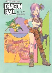 Rule 34 | 1980s (style), 1boy, 1girl, asymmetrical clothes, bandaid, bandaid on face, bandaid on knee, bandaid on leg, boots, brown footwear, bulma, copyright name, covered erect nipples, dougi, dragon ball, dragon ball (classic), gloves, goggles, goggles around neck, gun, hand on own hip, holding, holding gun, holding weapon, long hair, looking at viewer, monkey tail, motor vehicle, motorcycle, non-web source, official art, oldschool, one side up, open mouth, polearm, purple eyes, purple hair, retro artstyle, rifle, saiyan, single pantsleg, smile, son goku, standing, tail, weapon