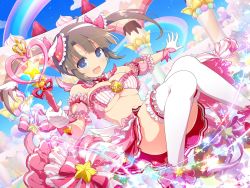 Rule 34 | 1girl, bare hips, bare shoulders, blue eyes, breasts, brown hair, cleavage, fang, fang out, flying, gloves, hair ribbon, highres, knees together feet apart, legs, legs together, magical girl, miniskirt, minori (senran kagura), open mouth, revealing clothes, ribbon, senran kagura, short hair, skirt, thick thighs, thighhighs, thighs, twintails, underboob, uniform, white thighhighs