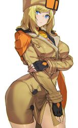 Rule 34 | 1boy, 1girl, ashiomi masato, black gloves, blonde hair, blue eyes, breasts, collared shirt, curvy, dress, fingerless gloves, fur hat, gloves, guilty gear, guilty gear strive, hat, highres, holding own arm, large breasts, looking to the side, millia rage, no legwear, shirt, standing, thighs, ushanka, white background, yellow dress, yellow hat