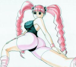 Rule 34 | 1girl, ass, breasts, curvy, gloves, gymnast leotard, hayami jin, highleg, highleg leotard, highres, huge ass, large breasts, leotard, long hair, looking back, one piece, perona, pink hair, shiny clothes, stretching, sweat, thighhighs, thong leotard, twintails, underboob, very long hair, wide hips