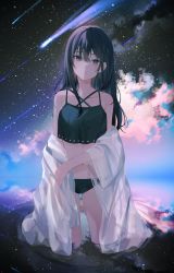 Rule 34 | 1girl, achiki, bare shoulders, bikini, black bikini, black eyes, black hair, closed mouth, cloud, collarbone, expressionless, highres, night, night sky, off shoulder, open clothes, original, reflection, reflective water, see-through, shooting star, sky, solo, standing, star (sky), starry sky, string bikini, swimsuit, thighs, wading, water