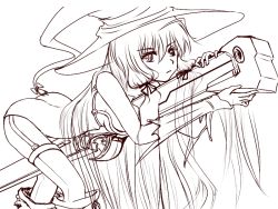 Rule 34 | 00s, 1girl, ass, boots, breasts, cannon, drawfag, garter straps, gunner&#039;s broom, hair ribbon, hat, himuro akari, lineart, long hair, monochrome, night wizard, ribbon, sideboob, solo, straddling, thighhighs, very long hair, weapon, witch hat