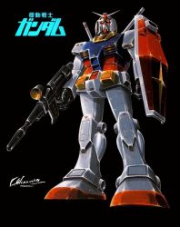 Rule 34 | 1970s (style), 1980s (style), beam rifle, black background, concept art, energy gun, gundam, mecha, mobile suit, mobile suit gundam, no humans, official art, oldschool, ookawara kunio, painting (medium), promotional art, retro artstyle, robot, rx-78-2, scan, science fiction, shield, signature, title, traditional media, v-fin, weapon