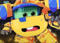 Rule 34 | 1boy, aircraft, airplane, bad id, bad twitter id, brown eyes, donnie (super wings), glasses, highres, kim mushroom, mecha, open mouth, robot, simple background, super wings, tagme, yellow airplane