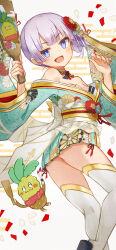 Rule 34 | 1girl, :d, absurdres, akahuzi, arched back, ass, bare shoulders, blue eyes, blush, breasts, character request, cleavage, confetti, dolphin wave, flower, grey hair, hair flower, hair ornament, highres, holding, japanese clothes, kimono, light blush, looking back, off shoulder, open mouth, red ribbon, ribbon, short hair, simple background, skirt, small breasts, smile, solo, thighhighs, thighs, white thighhighs