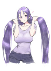 Rule 34 | 1girl, alternate costume, breasts, denim, fate/grand order, fate (series), holding, holding hair, jeans, long hair, looking at viewer, minamoto no raikou (fate), musical note, nakuta, pants, parted bangs, purple eyes, purple hair, shirt, simple background, smile, solo, t-shirt, twintails, very long hair, white background