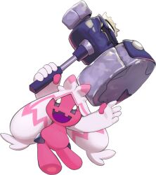 :d arm_up colored_skin commentary_request creatures_(company) full_body game_freak hammer holding holding_hammer messier_number nintendo open_mouth outstretched_arm pink_skin pokemon pokemon_(creature) smile solo tinkaton tongue transparent_background