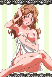 Rule 34 | 1girl, barefoot, blush, breasts, brown eyes, brown hair, hand on own head, hayasaka akira, kneepits, long hair, medium breasts, naked towel, nipples, non-web source, official art, solo, striped, striped background, super real mahjong, tanaka ryou, towel, vertical stripes, wet, wet hair