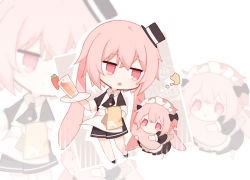Rule 34 | 1boy, ?, animal ears, ansel (arknights), apron, arknights, black bow, black dress, black footwear, black headwear, black necktie, bow, carrot, chibi, cup, dress, floppy ears, hair bow, hat, holding, holding plate, jitome, lop rabbit ears, maid, maid headdress, male focus, mini hat, necktie, open mouth, pink eyes, plate, puffy short sleeves, puffy sleeves, rabbit boy, rabbit ears, renren, shoes, short hair, short sleeves, simple background, standing, trap, white apron, white background