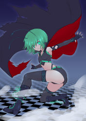 Rule 34 | 1girl, absurdres, alternate costume, antennae, ass, bare shoulders, black cape, black gloves, black shirt, black thighhighs, boots, breasts, cape, checkered floor, dust cloud, elbow gloves, eyes visible through hair, fingerless gloves, full body, gloves, green eyes, green hair, high heel boots, high heels, highres, hijikawa arashi, knee boots, light smile, looking at viewer, midriff, on one knee, outstretched arms, parted lips, red cape, shirt, short hair, short shorts, shorts, sketch, small breasts, solo, thighhighs, touhou, two-sided cape, two-sided fabric, wriggle nightbug