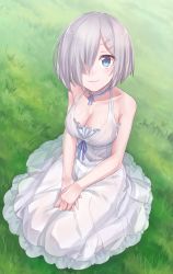 Rule 34 | 10s, 1girl, alternate costume, bare shoulders, blue eyes, blush, breasts, choker, cleavage, dress, from above, full body, grass, hair ornament, hair over one eye, hairclip, hamakaze (kancolle), highres, kantai collection, konnyaku (kk-monmon), large breasts, looking at viewer, looking up, outdoors, own hands together, seiza, short hair, silver hair, sitting, smile, solo, white dress