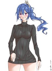 Rule 34 | 1girl, absurdres, alternate costume, black sweater, blue hair, blush, breasts, cable knit, contrapposto, girls&#039; frontline, gluteal fold, hair between eyes, highres, k11 (girls&#039; frontline), long hair, medium breasts, no pants, nym+ (nymplus), panties, panty peek, ponytail, red eyes, smile, solo, sweater, thighs, turtleneck, turtleneck sweater, twitter username, underwear, white background, white panties