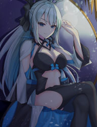 Rule 34 | 1girl, bare shoulders, black bow, black dress, black footwear, blue eyes, boots, bow, braid, breasts, center opening, cleavage, dress, fate/grand order, fate (series), french braid, grey hair, hair bow, highres, large breasts, long hair, long sleeves, looking at viewer, morgan le fay (fate), pelvic curtain, ponytail, sidelocks, sitting, smile, solo, spikes, thigh boots, thighhighs, thighs, two-tone dress, very long hair, wa layla, white dress, wide sleeves