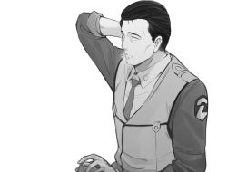 Rule 34 | 1boy, arm behind head, can, collared shirt, frown, gloves, gotou kiichi, greyscale, hair behind ear, hair slicked back, highres, holding, holding can, ishiyumi, jacket, kidou keisatsu patlabor, looking to the side, male focus, monochrome, necktie, sanpaku, scratching head, shirt, solo, vest, white background