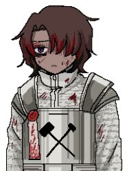 Rule 34 | 1boy, armor, blood, blood in hair, blood on clothes, blood on face, brown hair, dark-skinned male, dark skin, heathcliff (project moon), highres, jacket, limbus company, male focus, ngancurindunia, parted lips, pixel art, project moon, simple background, solo, upper body, wax seal, white background, white jacket