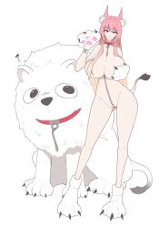 Rule 34 | 1girl, ?, animal, animal ear fluff, animal ears, bare shoulders, bestiality, breasts, collar, full body, gloves, gluteal fold, goddess of victory: nikke, grin, hair intakes, hand on own chest, highres, huge breasts, leash, leona (nikke), lion, long hair, looking at viewer, nude, paw gloves, paw shoes, pink hair, sidelocks, simple background, smile, timi (nikke), white background, wrist tattoo, yellow eyes, yoonsun