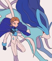 Rule 34 | 1boy, alternate color, black gloves, blue cape, bow, bowtie, brown hair, cape, clenched hand, closed mouth, commentary request, creatures (company), eusine (pokemon), floating cape, game freak, gen 2 pokemon, gloves, green eyes, hand up, highres, jacket, leg up, legendary pokemon, long sleeves, looking down, male focus, nintendo, official alternate costume, pants, pokemon, pokemon (creature), pokemon masters ex, shiny pokemon, short hair, smile, suicune, tyako 089, white background, white jacket, white pants