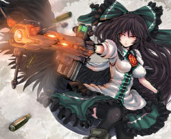 Rule 34 | 1girl, alternate weapon, arm cannon, black hair, black thighhighs, black wings, bow, breasts, cape, female focus, gloves, hair bow, impossible clothes, impossible shirt, orange eyes, panzer (p.z), red eyes, reiuji utsuho, shell casing, shirt, skirt, solo, thighhighs, third eye, touhou, weapon, wings, zettai ryouiki