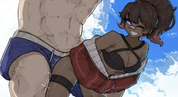Rule 34 | 1boy, 1girl, bandaid, bandaid on face, bandaid on nose, bare shoulders, bent over, bikini, black bikini, blue male swimwear, blue swim trunks, breasts, brown hair, cleavage, cloud, cloudy sky, commentary, commission, criss-cross halter, dark-skinned female, dark skin, day, drawstring, english commentary, grin, halterneck, hands in pockets, head out of frame, hetero, highres, jacket, long hair, male swimwear, mel (elrid alm), navel, one eye closed, original, outdoors, ponytail, red jacket, shiny skin, shuuko (s h uuko), skindentation, sky, smile, swim trunks, swimsuit, teasing, teeth, thigh strap, white jacket
