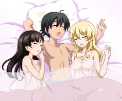 Rule 34 | 1boy, 2girls, bed, black hair, blonde hair, breasts, closed eyes, crossover, darjeeling (girls und panzer), girls und panzer, highres, itou makoto, key (gaigaigai123), large breasts, multiple girls, nishi kinuyo, on bed, open mouth, school days, sleeping, source request