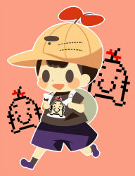 Rule 34 | 1boy, black hair, black shirt, black socks, blush stickers, bow, character hat, full body, grey background, hitofutarai, male focus, mother (game), mother 2, ness (mother 2), nintendo, open mouth, outline, pink background, pixels, purple footwear, purple shorts, red bow, running, shirt, short hair, shorts, socks, solid oval eyes, solo, super smash bros., white outline