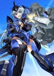 Rule 34 | 1girl, black gloves, black thighhighs, blue eyes, blue hair, blue sky, breasts, day, elbow gloves, frame arms girl, gloves, gun, headgear, highres, kumichou (ef65-1118-ef81-95), light blue hair, long hair, looking at viewer, low twintails, mecha musume, missile, motion blur, open mouth, panties, sideboob, skindentation, sky, smoke, solo, speed lines, striped clothes, striped panties, stylet, thighhighs, twintails, underwear, weapon