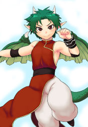 Rule 34 | androgynous, baggy pants, bracelet, chinese clothes, draco centauros, dragon tail, dragon wings, gender request, green hair, horns, jewelry, madou monogatari, pants, pointy ears, puyopuyo, red eyes, short hair, solo, tail, tsukudani (coke-buta), wings